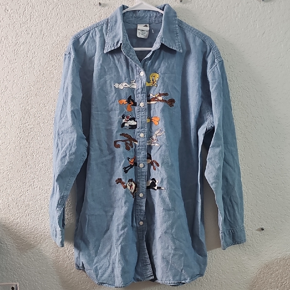 Warner Bros. Blue Button Down Shirt with Cartoon Characters Sz. L